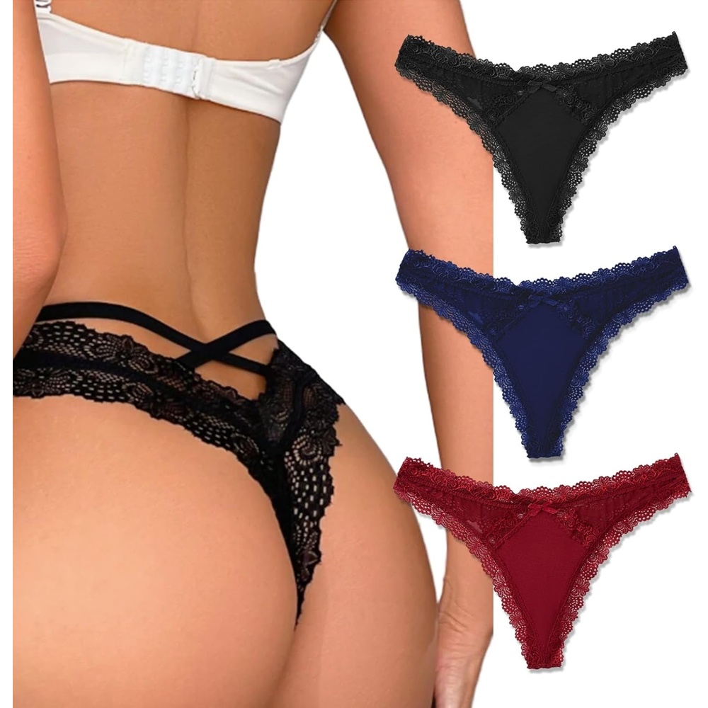 image:imageAvidlove Womens Underwear Sexy Lace Thongs Criss Cross Back Bikini Panties  Lace amp mesh lingerie panties 13 Packsskinfriendly cotton crotchcute bowbreathable amp comfortable for daily wearBlackwine Rednavy Blue