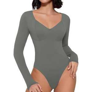 Avidlove Bodysuit for Women Long Sleeve Double Lined Tank Top V Neck Bodysuit Tummy Control Shapewear(Grey)