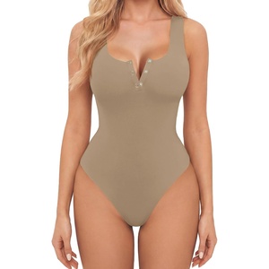 Avidlove Bodysuits for Women Button Down Square Neck Sleeveless Body Suit Snap Closure Double Lined Tank Tops Bodysuit(Khaki)
