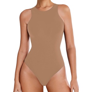 Avidlove Bodysuits for Women Crew Neck Sleeveless Body Suits Snap Closure Double Lined Tank Tops Bodysuit(Khaki)