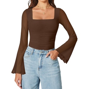 Avidlove Bodysuits for Women Long Bell Sleeve Mesh Square Neck Body Suits Going Out Tops Country Concert Outfits(Brown)