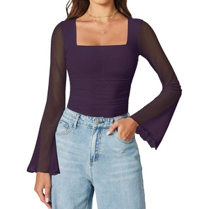Avidlove Bodysuits for Women Long Bell Sleeve Mesh Square Neck Body Suits Going Out Tops Country Concert Outfits(Dark Purple)