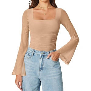 Avidlove Bodysuits for Women Long Bell Sleeve Mesh Square Neck Body Suits Going Out Tops Country Concert Outfits(Khaki)