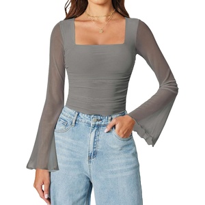Avidlove Bodysuits for Women Long Bell Sleeve Mesh Square Neck Body Suits Going Out Tops Country Concert Outfits(Light Grey)