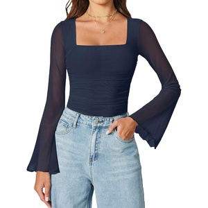 Avidlove Bodysuits for Women Long Bell Sleeve Mesh Square Neck Body Suits Going Out Tops Country Concert Outfits(Navy Blue)