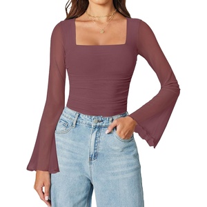 Avidlove Bodysuits for Women Long Bell Sleeve Mesh Square Neck Body Suits Going Out Tops Country Concert Outfits(Purple Red)