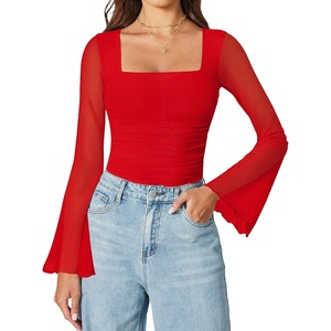 Avidlove Bodysuits for Women Long Bell Sleeve Mesh Square Neck Body Suits Going Out Tops Country Concert Outfits(Red)