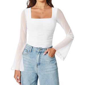 Avidlove Bodysuits for Women Long Bell Sleeve Mesh Square Neck Body Suits Going Out Tops Country Concert Outfits(White)