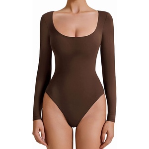 Avidlove Bodysuits for Women Long Sleeve Body Suits Womens Scoop Neck Bodysuit Double Lined Tops(Brown)