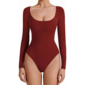 Avidlove Bodysuits for Women Long Sleeve Body Suits Womens Scoop Neck Bodysuit Double Lined Tops(Wine Red)