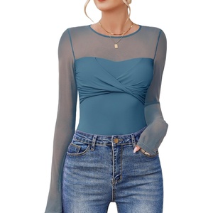 Avidlove Bodysuits for Women Long Sleeve Crew Neck Body Suit One Piece Sheer Leotard Twist Knot Going Out Tops(Cottage Blue)