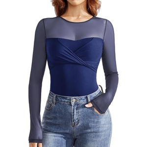Avidlove Bodysuits for Women Long Sleeve Crew Neck Body Suit One Piece Sheer Leotard Twist Knot Going Out Tops(Navy Blue)