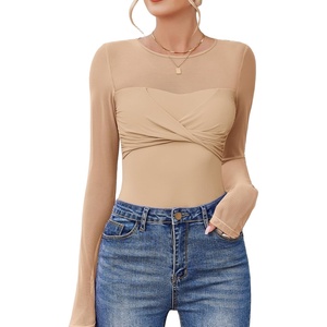 Avidlove Bodysuits for Women Long Sleeve Crew Neck Body Suit One Piece Sheer Leotard Twist Knot Going Out Tops(Nude)