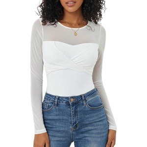Avidlove Bodysuits for Women Long Sleeve Crew Neck Body Suit One Piece Sheer Leotard Twist Knot Going Out Tops(White)