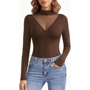 Avidlove Bodysuits for Women Long Sleeve Going Out Tops Mock Turtleneck Body Suits Double Lined Leotard Shirts(Brown)
