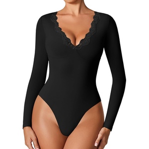 Avidlove Bodysuits for Women Long Sleeve Lace V Neck Body Suits Double Lined One Piece Leotard Shirt Going Out Tops(Black)
