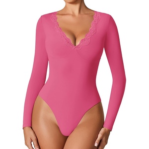 Avidlove Bodysuits for Women Long Sleeve Lace V Neck Body Suits Double Lined One Piece Leotard Shirt Going Out Tops(Pink)