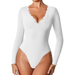 Avidlove Bodysuits for Women Long Sleeve Lace V Neck Body Suits Double Lined One Piece Leotard Shirt Going Out Tops(White)