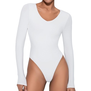 Avidlove Bodysuits for Women Long Sleeve V Neck Body Suit Bodysuit Double Lined Thong Body Suits Sexy Tops(B White)