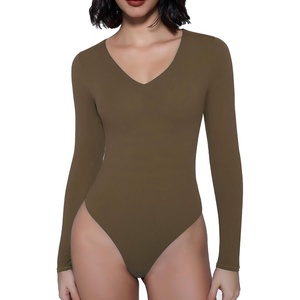 Avidlove Bodysuits for Women Long Sleeve V Neck Body Suit Bodysuit Double Lined Thong Body Suits Sexy Tops(Brown)