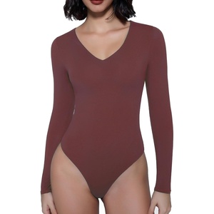 Avidlove Bodysuits for Women Long Sleeve V Neck Body Suit Bodysuit Double Lined Thong Body Suits Sexy Tops(Deep Purple Red)