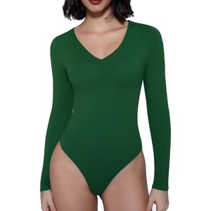 Avidlove Bodysuits for Women Long Sleeve V Neck Body Suit Bodysuit Double Lined Thong Body Suits Sexy Tops(Green)