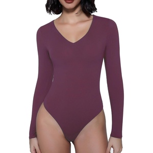 Avidlove Bodysuits for Women Long Sleeve V Neck Body Suit Bodysuit Double Lined Thong Body Suits Sexy Tops(Purple)