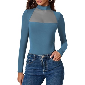 Avidlove Bodysuits for Women Mock Neck Shapewear Body Suit Long Sleeve Leotard Mesh Going Out Tops Concert Outfits(Dark Blue)