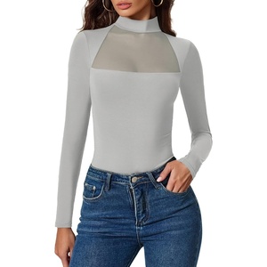 Avidlove Bodysuits for Women Mock Neck Shapewear Body Suit Long Sleeve Leotard Mesh Going Out Tops Concert Outfits(Grey)