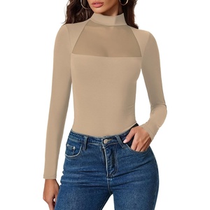 Avidlove Bodysuits for Women Mock Neck Shapewear Body Suit Long Sleeve Leotard Mesh Going Out Tops Concert Outfits(Khaki)