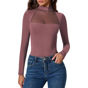 Avidlove Bodysuits for Women Mock Neck Shapewear Body Suit Long Sleeve Leotard Mesh Going Out Tops Concert Outfits(Purple Red)