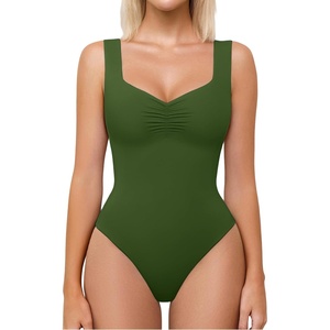 Avidlove Bodysuits for Women Sweetheart Neck Ruched Body Suit Seamless Double Lined Tank Top Slimming(Army Green)