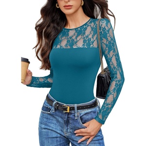 Avidlove Lace Long Sleeve Bodysuit for Women Crew Neck Body Suits Slimming Going Out Concert Tops Fall Outfits(Blue Green)