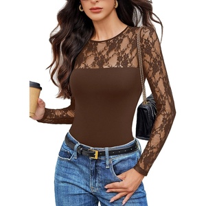 Avidlove Lace Long Sleeve Bodysuit for Women Crew Neck Body Suits Slimming Going Out Concert Tops Fall Outfits(Brown)