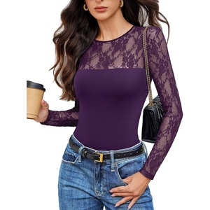 Avidlove Lace Long Sleeve Bodysuit for Women Crew Neck Body Suits Slimming Going Out Concert Tops Fall Outfits(Dark Purple)