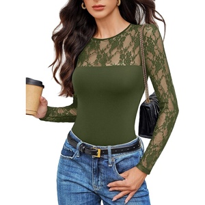 Avidlove Lace Long Sleeve Bodysuit for Women Crew Neck Body Suits Slimming Going Out Concert Tops Fall Outfits(Olive Green)