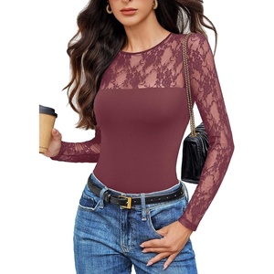 Avidlove Lace Long Sleeve Bodysuit for Women Crew Neck Body Suits Slimming Going Out Concert Tops Fall Outfits(Purple Red)