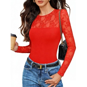 Avidlove Lace Long Sleeve Bodysuit for Women Crew Neck Body Suits Slimming Going Out Concert Tops Fall Outfits(Red)