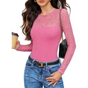 Avidlove Lace Long Sleeve Bodysuit for Women Crew Neck Body Suits Slimming Going Out Concert Tops Fall Outfits(Rose Red)