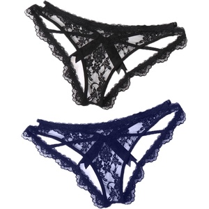 Avidlove Lace Panties for Women Sexy Cheeky Underwear with Cute Bow Back Hollow Out Low Rise Panty(Black+navy Blue)