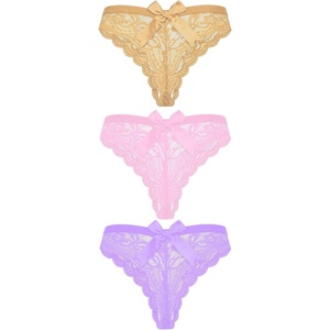 Avidlove Lace Panties for Women Sexy Lace Floral Thong Panty with bow T Back Breathable Underwear(Khaki+pink+lilac)
