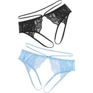 Avidlove Lace Thongs for Women Strap Cheeky Underwear Floral Lace Panties Hollow Out G-String(Black/Light Blue)