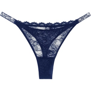Avidlove Lace Thongs for Women with Rhinestone-Embellished Strap Cheeky Underwear Sexy Panties 1-3 Pack(Navy Blue)