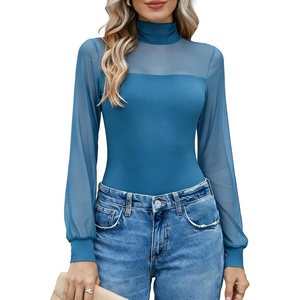 Avidlove Long Sleeve Body Suits Womens Mesh Turtleneck Bodysuit Thong Dressy Going Out Bodysuits Top Fall Outfits(Dark Blue)