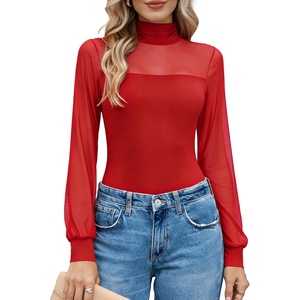 Avidlove Long Sleeve Body Suits Womens Mesh Turtleneck Bodysuit Thong Dressy Going Out Bodysuits Top Fall Outfits(Red)