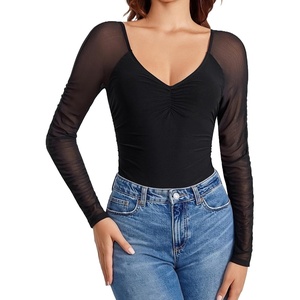 Avidlove Long Sleeve Bodysuit for Women Sexy V Neck Mesh Ruched Shapewear Body Suits Going Out Leotard Tops(Black)