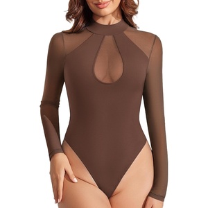 Avidlove Long Sleeve Bodysuits for Women Mesh Bodysuit Top Mock Neck Thong Body Suit Going Out Tops(Brown)