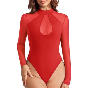 Avidlove Long Sleeve Bodysuits for Women Mesh Bodysuit Top Mock Neck Thong Body Suit Going Out Tops(Red)