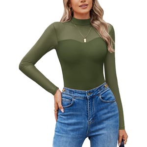 Avidlove Long Sleeve Bodysuits for Women Mock Neck Sheer Mesh Sleeve Bodysuit Double Lined Leotards Shirt Going Out Top(Army Green)