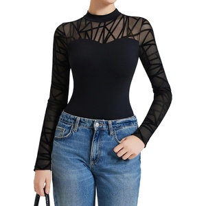 Avidlove Long Sleeve Bodysuits for Women Mock Neck Sheer Mesh Sleeve Bodysuit Double Lined Leotards Shirt Going Out Top(Black Geometric)